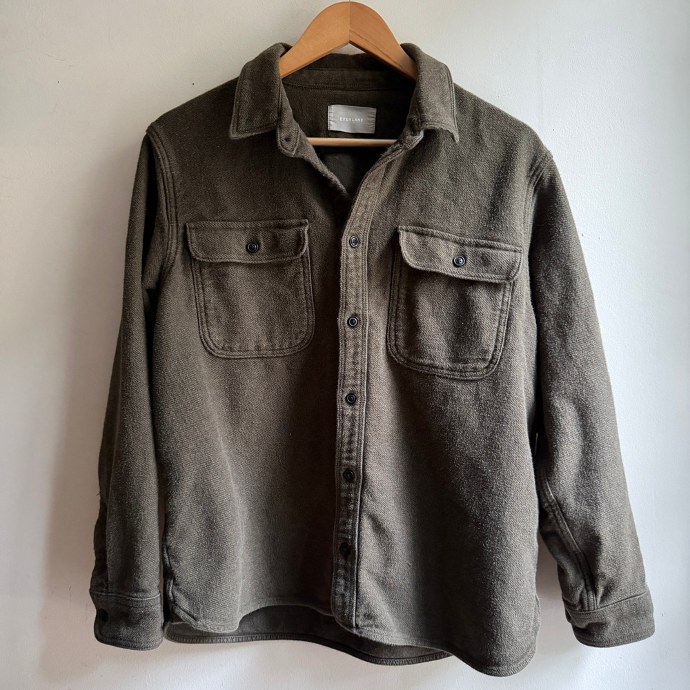 Everlane Heavyweight Wool Blend Flannel Overshirt Olive Green Mens Medium Good